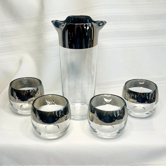 Cocktail Set Dorothy Thorpe Silver Overlay Pitcher‎ Roly Poly Glasses 1947-1963 - Picture 1 of 8